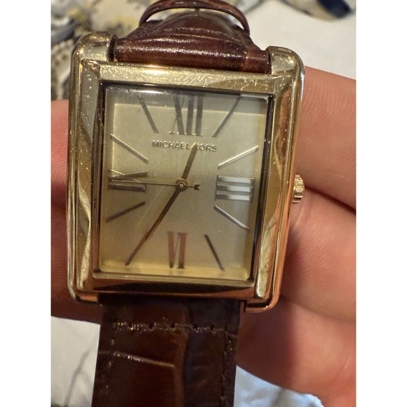 Michael Kors Gold Tone Square Watch with Leather Strap - Picture 1 of 4